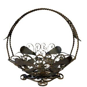 Vintage Spain Wrought Iron Scroll Black Metal Fruit Bowl Footed Fireplace Basket